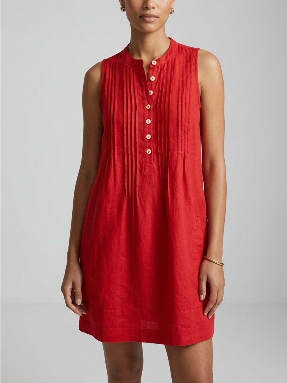 Quince European Linen Sleeveless Swing Dress Chile Red Pintuck Minimalist Eco